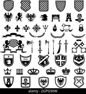 Medieval badges. Heraldic emblems collection with silhouettes of ribbons knight weapons lions crowns swords vector set Stock Vector