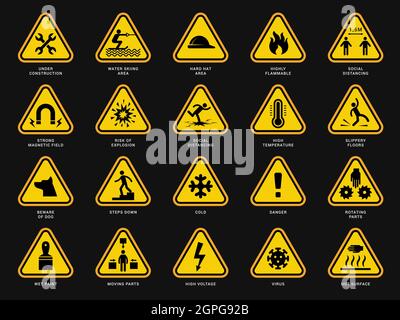 Yellow warning symbols. Triangle signs with danger symbols attention camera electrical hazard vector templates Stock Vector
