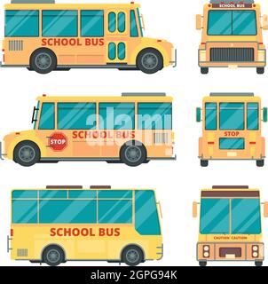 School bus. City yellow vehicle for kids daily transportation childrens vector urban transport various views Stock Vector