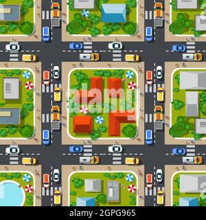 Road top view with highways many different vehicles. Stock Vector