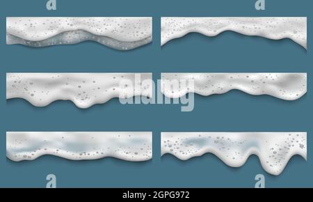 Water foam. Clean washing liquids bath laundry drops splashes on seaside top view vector realistic templates Stock Vector