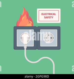 Damaged electric socket. Fire on electricity plug big overload voltage burning wall socket vector concept Stock Vector