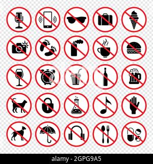 Prohibiting signs. Forbidden eating guns animals mobile phones eat child no vector signs collection Stock Vector