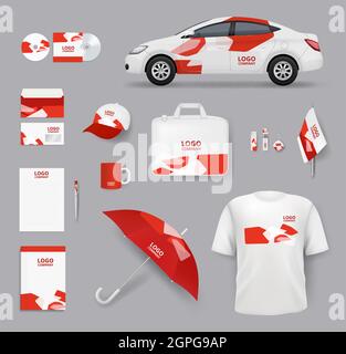 Identity set. Business souvenirs corporate products cards blank stationery tools cars vector identity elements collection Stock Vector