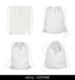 Rope bag. Sport fabric white shoulder drawstring package vector realistic collection Stock Vector