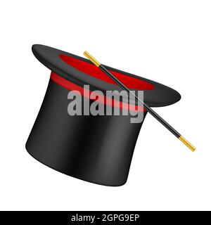 Realistic top hat. Magician symbols top hat and magical wand vector illustration Stock Vector