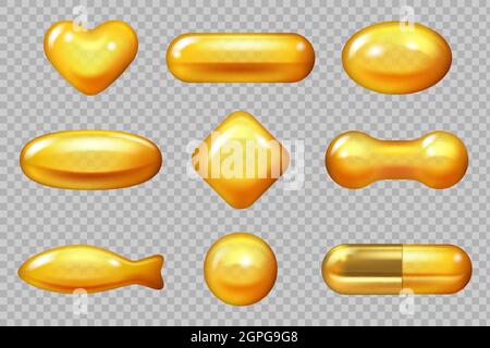 Realistic gold capsule. Dropping yellow capsule for hair natural products vitamin e omega vector 3d illustrations Stock Vector