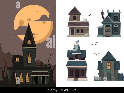 Scary houses. Spooky buildings outdoor village haunted horror constructions for halloween party vector flat pictures Stock Vector