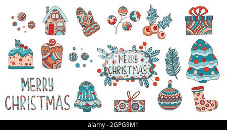 Merry Christmas icons set outline, hand drawn vector. Winter decoration Stock Vector