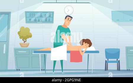 Massage room. Nurse works with patient. Medical rehabilitation of athletes, muscle warming. Girl on couch in doctor office vector illustration Stock Vector