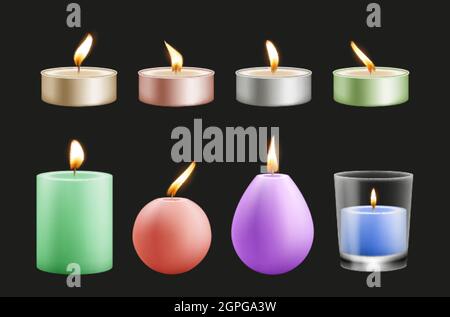Realistic candles. Colorful wax festive burning decorations. Christmas New Year birthday elements vector illustration Stock Vector