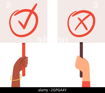 Yes no banners. Hands holding choice checkmark plates. Positive or negative posters vector illustration Stock Vector
