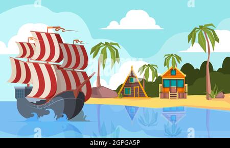 Pirate boat in ocean. Marine landscape with pirate vessel on waves near desert island vector cartoon background Stock Vector