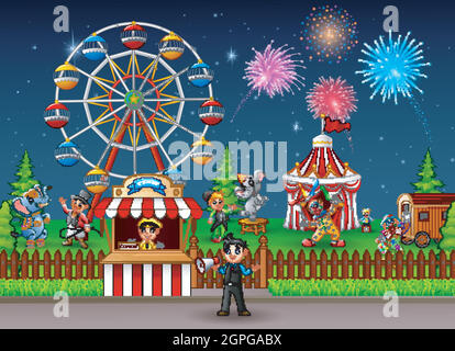 Amusement park scene at night with fireworks illustration Stock Vector ...