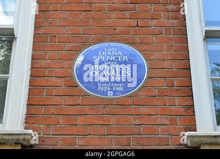 A blue plaque is erected to honor Diana, Princess of Wales at her former London flat. Stock Photo
