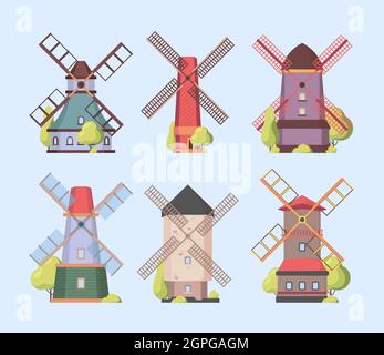 Windmill. Holland dutch authentic constructions windmills vector collection set Stock Vector
