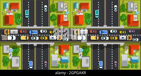 Road top view with highways many different vehicles. Stock Vector