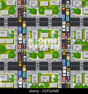 Road top view with highways many different vehicles. Stock Vector