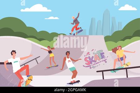 Extreme park. Outdoor activities of skateboarders riders in action poses jump ramp teenagers hipsters vector background Stock Vector