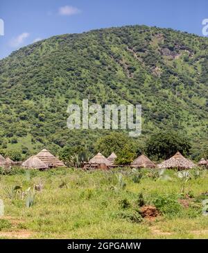 A small village in the Imatong Mountains of South Sudan. Stock Photo