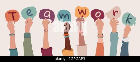 Group of arms and raised hands of diverse people holding a speech bubble with letters inside forming the text -Teamwork- Cooperation between colleague Stock Vector