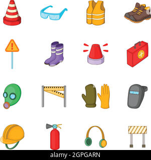 Safety work icons set, cartoon style Stock Vector