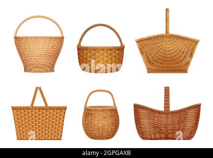 Wicker basket. Handcraft decorative picnic containers for nature products vector realistic illustrations Stock Vector