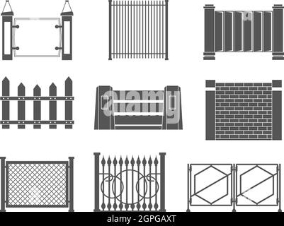 Fence silhouettes. Fence old farm wall in village boundary panels for construction vector set Stock Vector