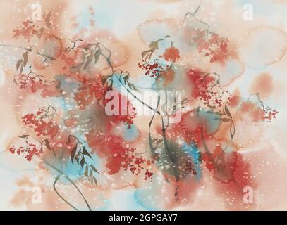 Rowan tree branches with berries watercolor background Stock Photo