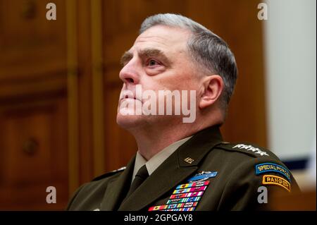 United States Army General Mark A. Milley, Chairman of the Joint Chiefs of Staff responds to questions during a House Armed Services Committee hearing on “Ending the U.S. Military Mission in Afghanistan” in the Rayburn House Office Building in Washington, DC, Wednesday, September 29, 2021. Credit: Rod Lamkey/Pool via CNP /MediaPunch Stock Photo