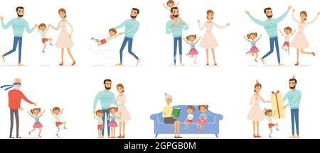 Family characters. Happy kids with parents in action poses father childrens mother and grandparents couples of family groups vector people Stock Vector