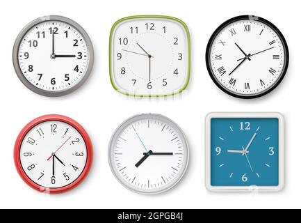 Realistic clocks. Modern wall clocks business chronometer dial arrows light and dark templates Stock Vector