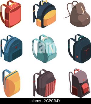 Travel bag pack. Isometric baggage colorful school bags vector illustrations Stock Vector