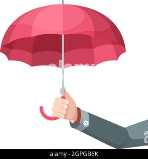 Umbrella in hand. Concept picture businessman holding big umbrella protection symbols vector flat background Stock Vector