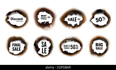 Burned hole. Realistic sale and discount banners with charred edges vector illustration Stock Vector