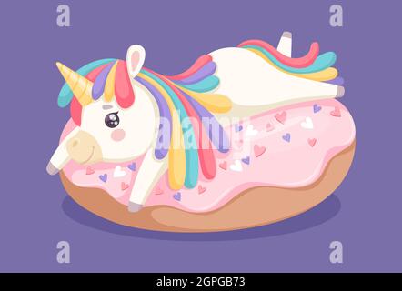 Unicorn on donut. Sweet dessert, cafe bar coffee shop or bakery poster. Baby print with fantastic animal and cake vector illustration Stock Vector