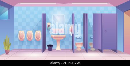 Public toilet. Empty cleaning room wc for male and female person clean toilet interior vector cartoon background Stock Vector