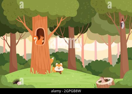 Forest landscape. Trees with holes for wild animals house in wooden trunk for birds squirrels fox vector cartoon background Stock Vector