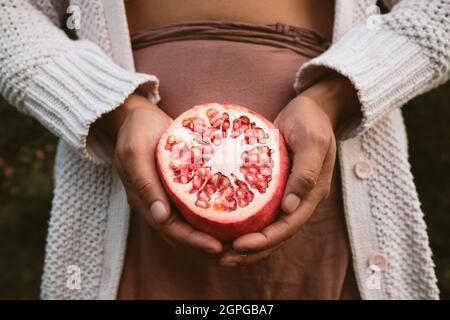 woman hands holding fresh pomegranate in half harvested from tree. concept of eating autumn fruit for healthy diet and lifestyle Stock Photo