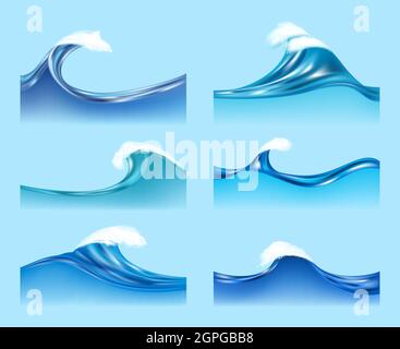 Ocean waves. Water liquid surfaces with transparent foam horizontal waves flow vector illustrations Stock Vector