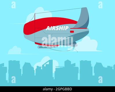 Dirigible in sky. Flying airship in clouds concept travel background illustration Stock Vector