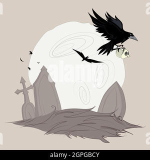 Halloween background with tombstone skull and crow Stock Vector