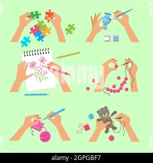 Hands craft. Handy workshop scrapbook project kids hands activity knitting embroidery drawing cutting with scissors vector top view pictures Stock Vector