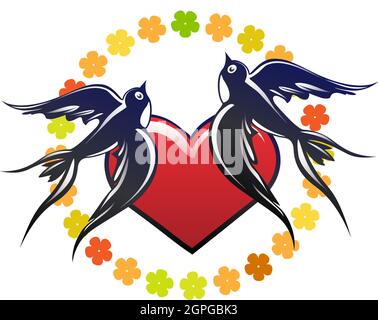 Emblem of Swallows and Heart in flower circle isolated on white. Vector illustration Stock Vector