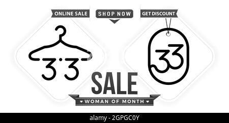 Hanger and Tag 3.3 sale, 3.3 Online sale, Woman of month Sale monochrome with isolated white backgrounds for poster or flyer design, social media banner, shopping online web banner online shop Stock Vector