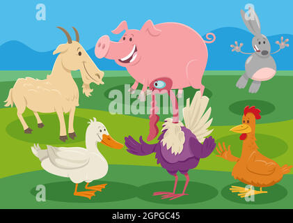 cartoon farm animal characters in the countryside Stock Vector
