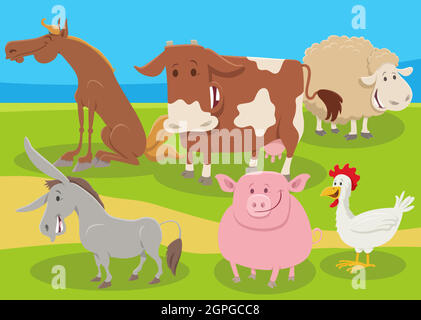 cartoon farm animals group in the countryside Stock Vector