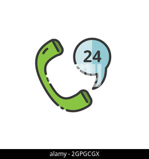 Phone service 24 hours. Support and service. Filled color icon. Commerce vector illustration Stock Vector