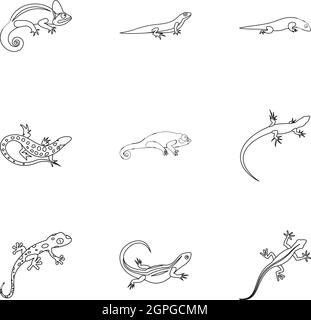 Iguana icons set, outline style Stock Vector