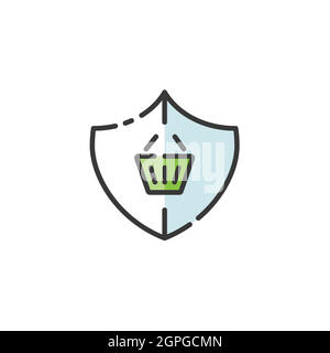 Secure purchase. Security shield and shopping basket. Filled color icon. Commerce vector illustration Stock Vector